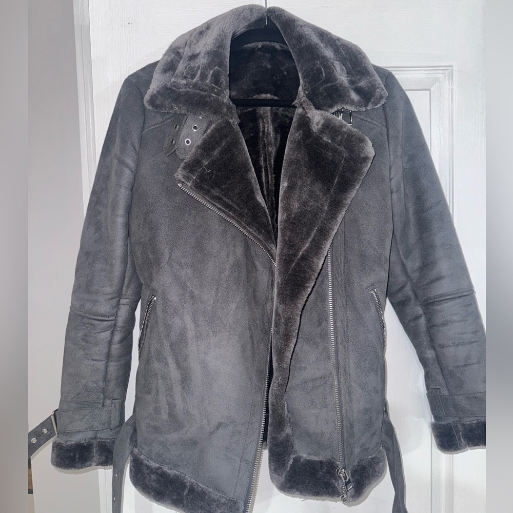Topshop Vegan Suede Moto Jacket With Faux Fur Lining